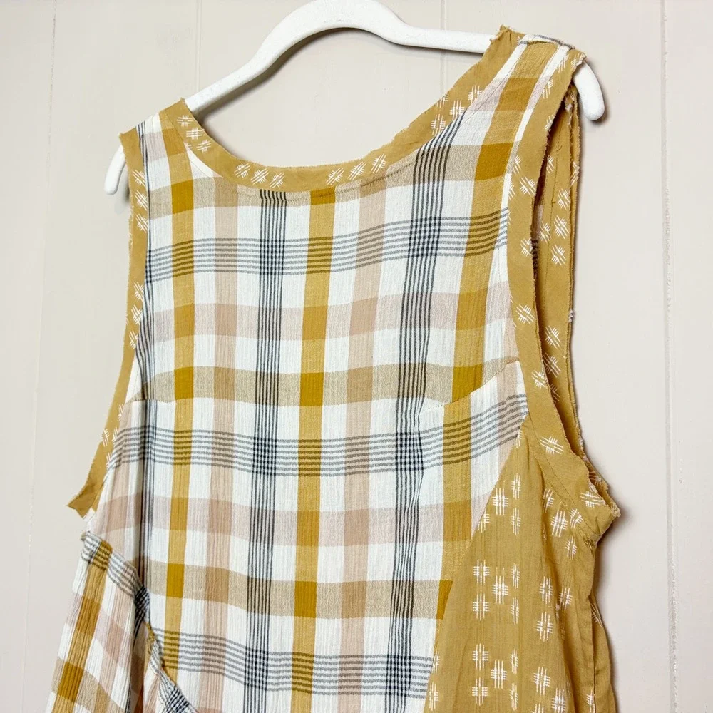 Free People No Stress Midi Dress Small Plaid  Mustard Yellow Boho Flowy Relaxed